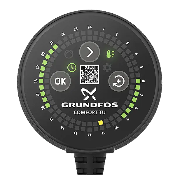Schwarze Steuerungseinheit von Grundfos mit verschiedenen Symbolen, grünen und gelben LEDs sowie einem QR-Code auf der Oberfläche.