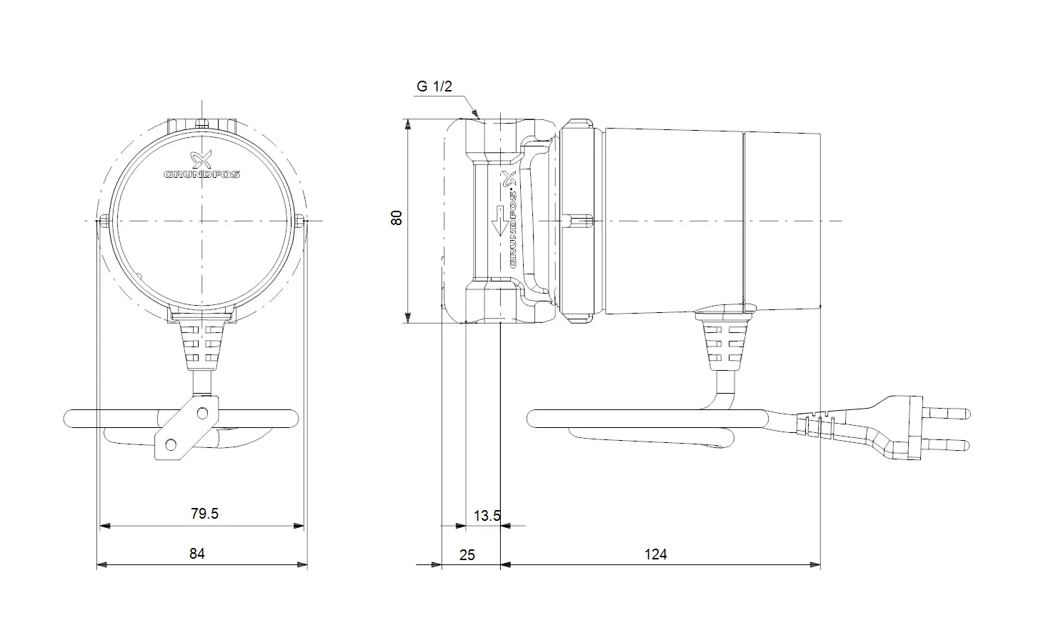 Zirkulationspumpe von Grundfos mit runder Bauform, seitlicher Anschluss, und einem Kabel mit Stecker, dargestellt in technischen Zeichnungen aus verschiedenen Perspektiven.