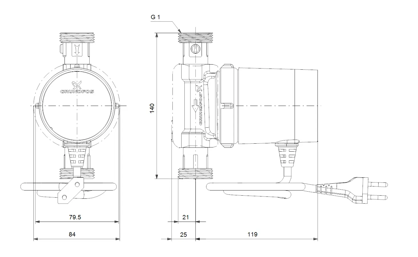 Grundfos Umwälzpumpe mit runder Bauform und elektrischen Anschluss, seitliche Wasseranschlüsse, Abmessungen und technische Details schematisch dargestellt.