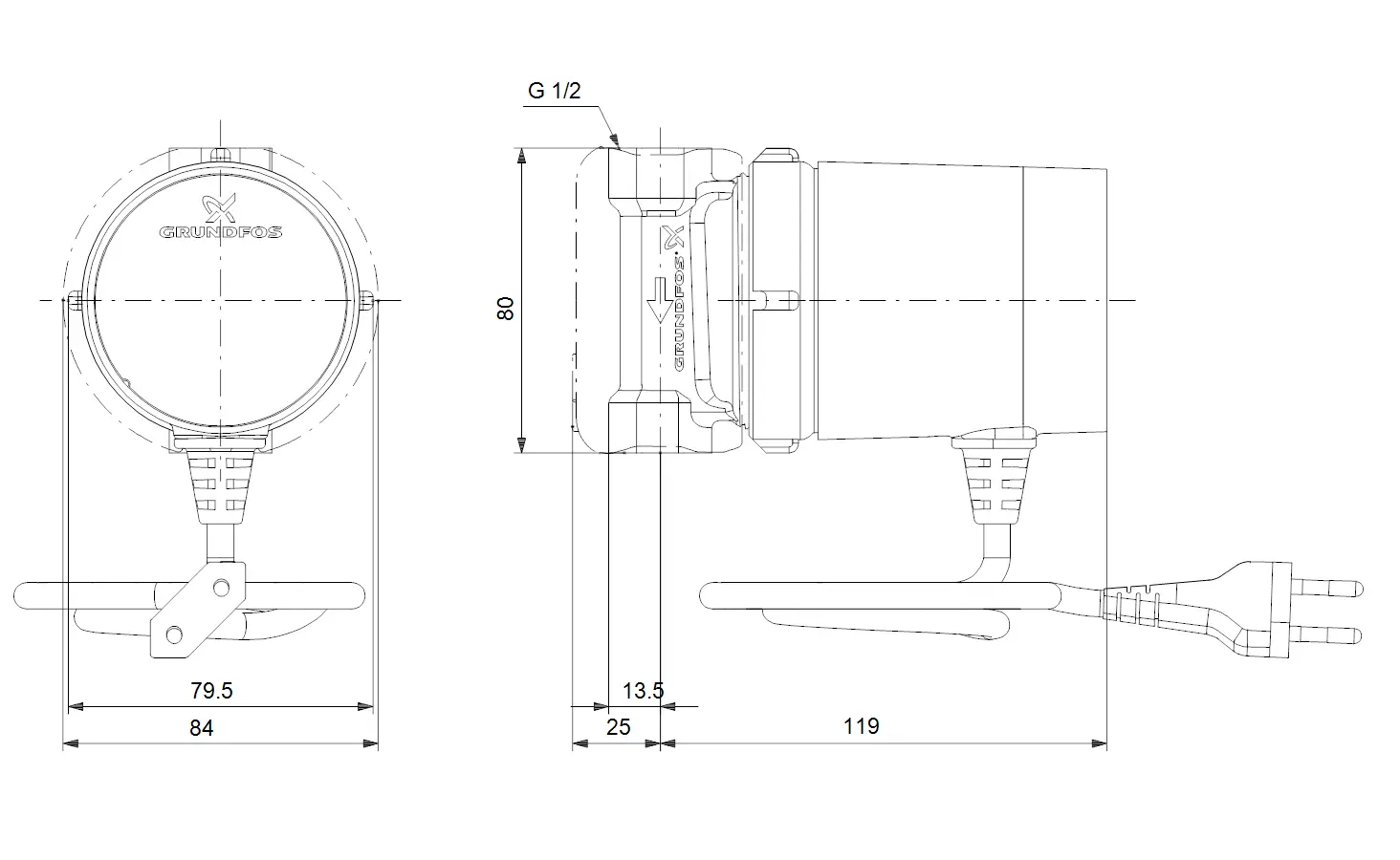 Umwälzpumpe von Grundfos mit runder Bauform und Anschlusskabel. Sichtbare Anschlussgröße G 1/2. Technische Zeichnung mit Maßangaben auf zwei Seiten.