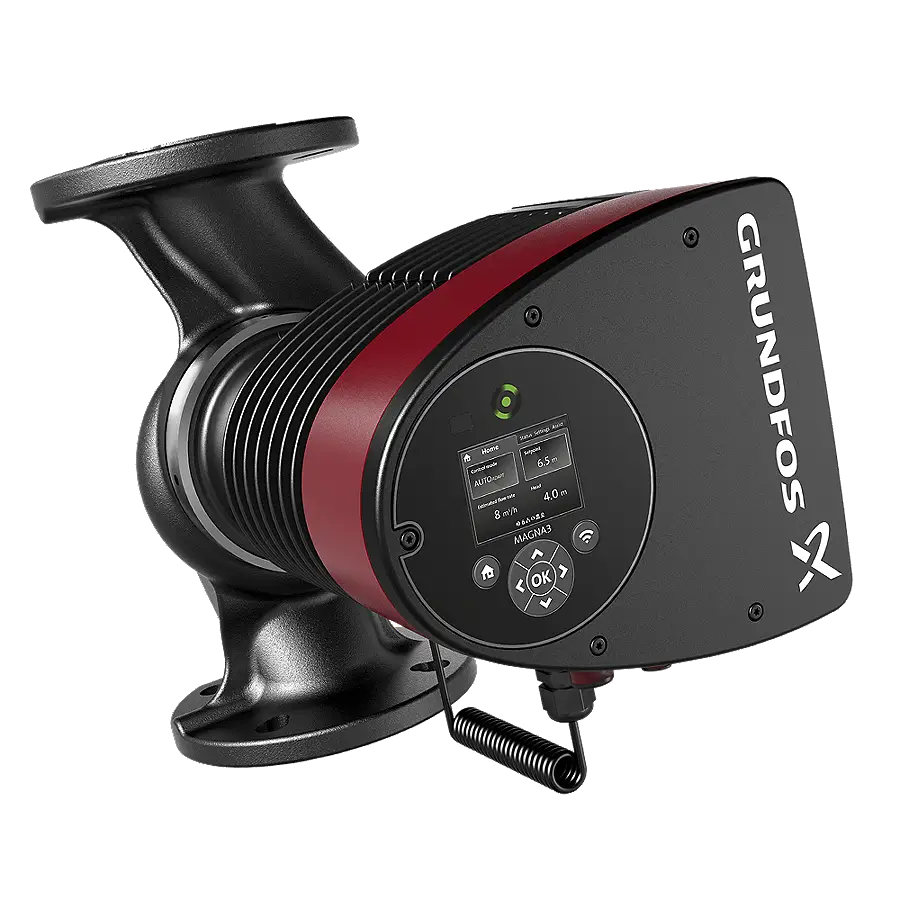 Grundfos Umwälzpumpe mit digitalem Display und Bedienelementen, rot-schwarzem Gehäuse sowie Anschluss für Rohrleitung.
