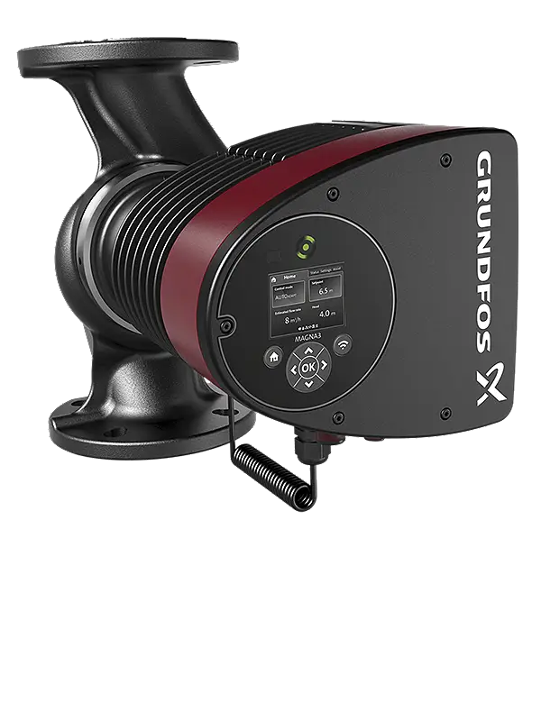 Grundfos Umwältzpumpe mit digitalem Display und Steuerungselementen, geeignet für Heizungs- und Wasserversorgungssysteme. Sichtbare Anschlussflansche zur Montage.