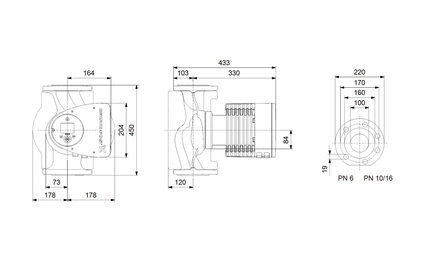 Technische Zeichnung einer Umwälzpumpe von Grundfos. Seitenansicht und Abmessungen sind klar ersichtlich. Die Pumpe hat verschiedene Anschlussgrößen und aufgereihte Details zur Konstruktion.
