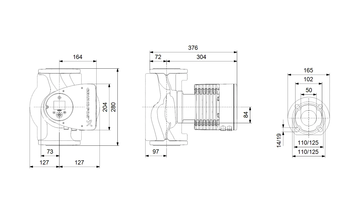 Grundfos Umwälzpumpe mit angeschlossenem Motor, seitliche Ansicht mit detaillierten Maßen. Technische Zeichnung zeigt Montagepunkte und Bauteilstruktur.