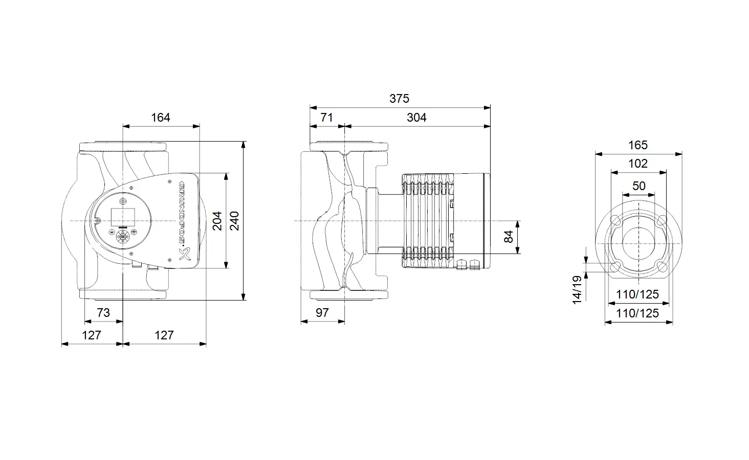 Grundfos Umwälzpumpe mit kompaktem Design, sichtbare Anschlussmöglichkeiten und technische Details, skizziert aus verschiedenen Ansichten.