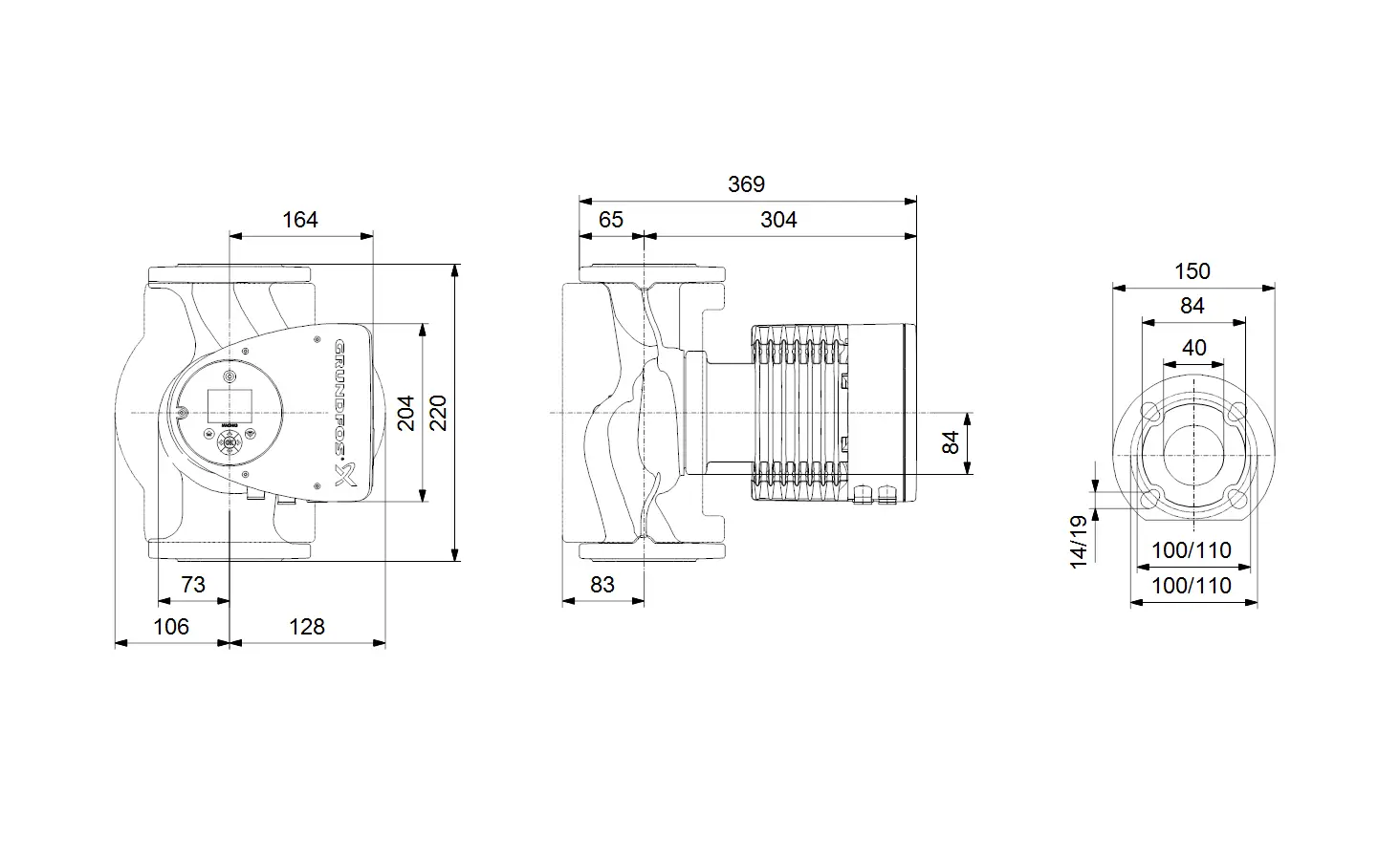 Diagramm einer Umwälzpumpe von Grundfos mit verschiedenen Ansichten und Maßangaben, einschließlich Seiten-, Vorder- und Obenansicht.