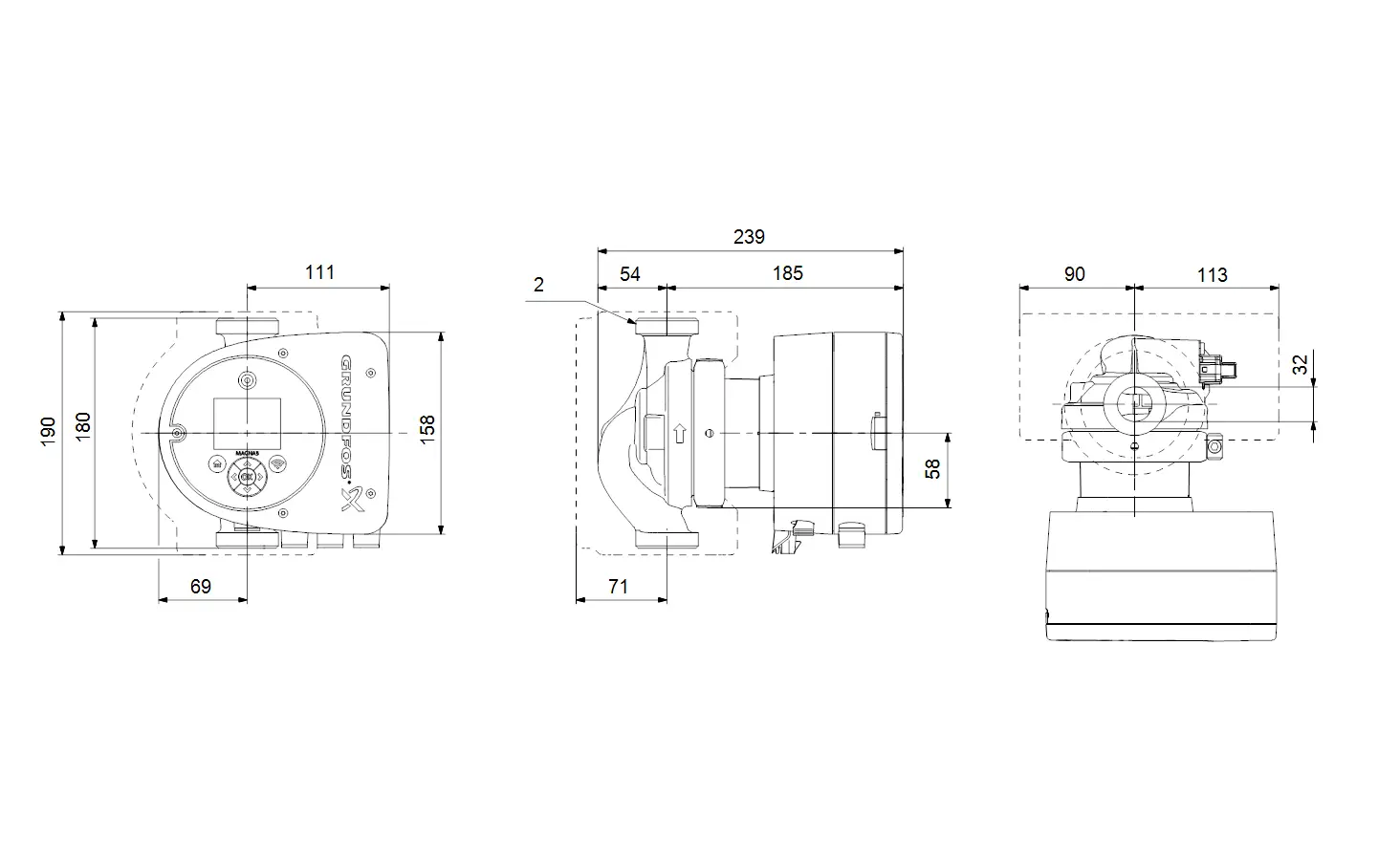 Technische Zeichnung einer Umwälzpumpe von Grundfos mit unterschiedlichen Ansichten und Maßangaben für die Installation und Verwendung.