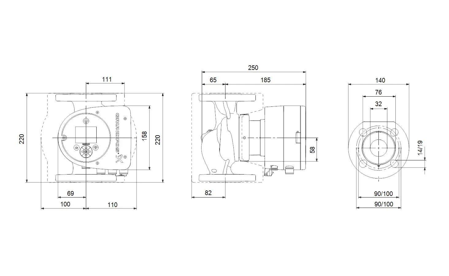 Diagramm einer Umwälzpumpe von Grundfos mit verschiedenen Ansichten und Maßen. Die Pumpe ist für den Einsatz in Heizungsanlagen ausgelegt.