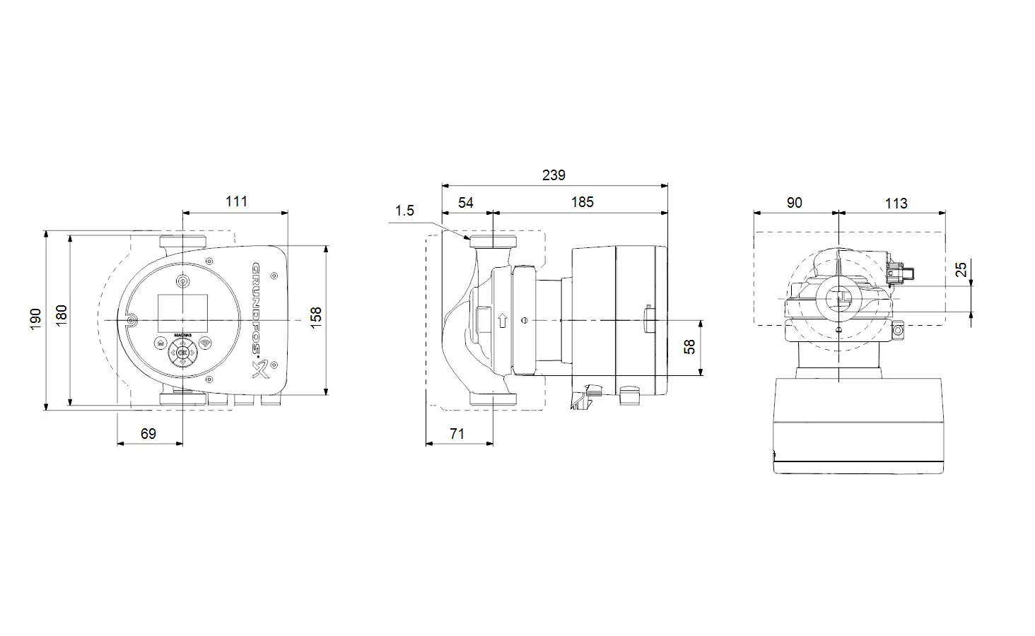 Schema einer Umwälzpumpe von Grundfos, zeigt mehrere Ansichten mit Abmessungen und Anschlüssen, geeignet für Heizungsanwendungen.