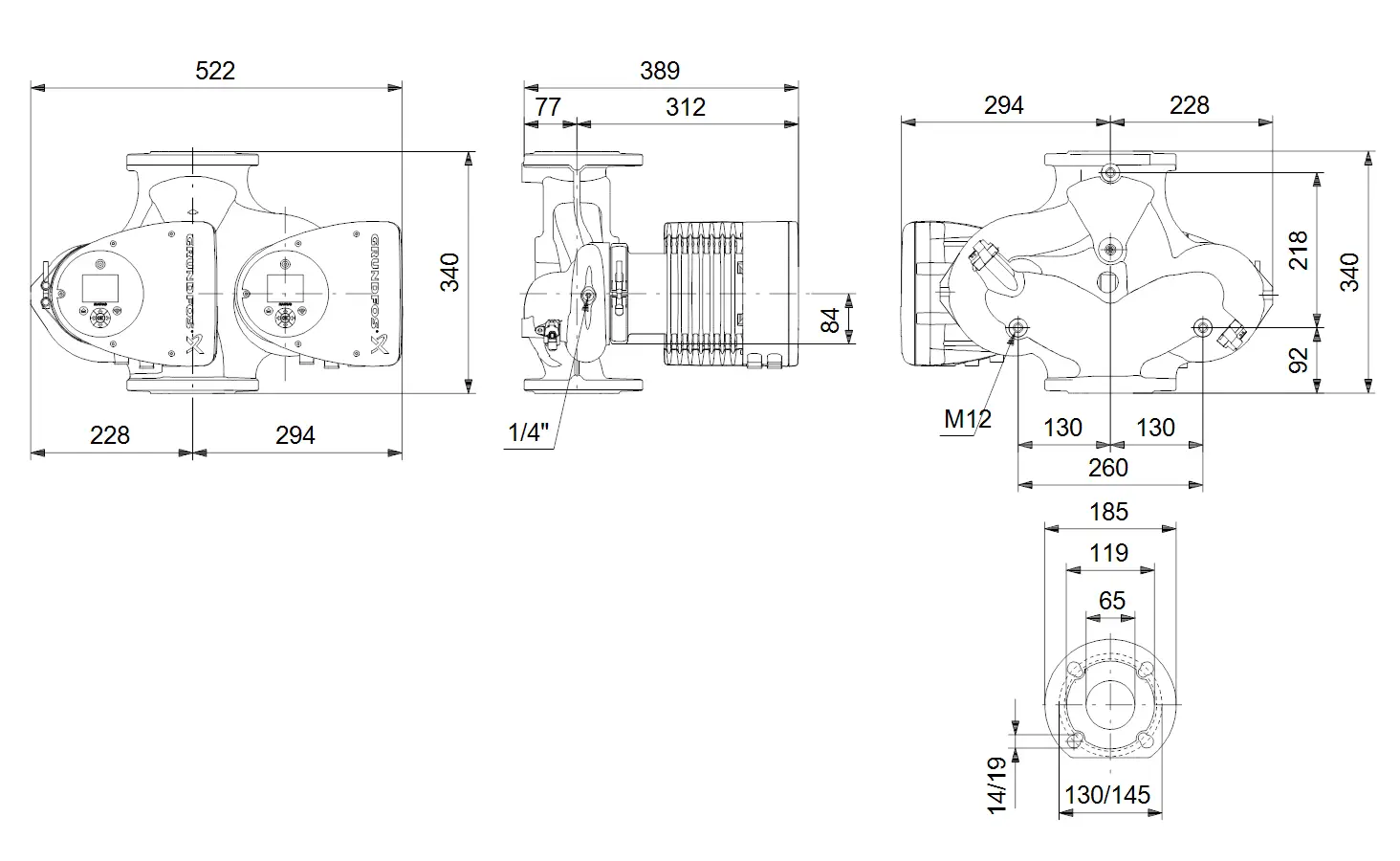 Grundfos Umwälzpumpe mit einem kompakten Design, zwei Anschlussflanschen und angegebenen Maße auf einer technischen Zeichnung. Ideal für Heizungsanwendungen.