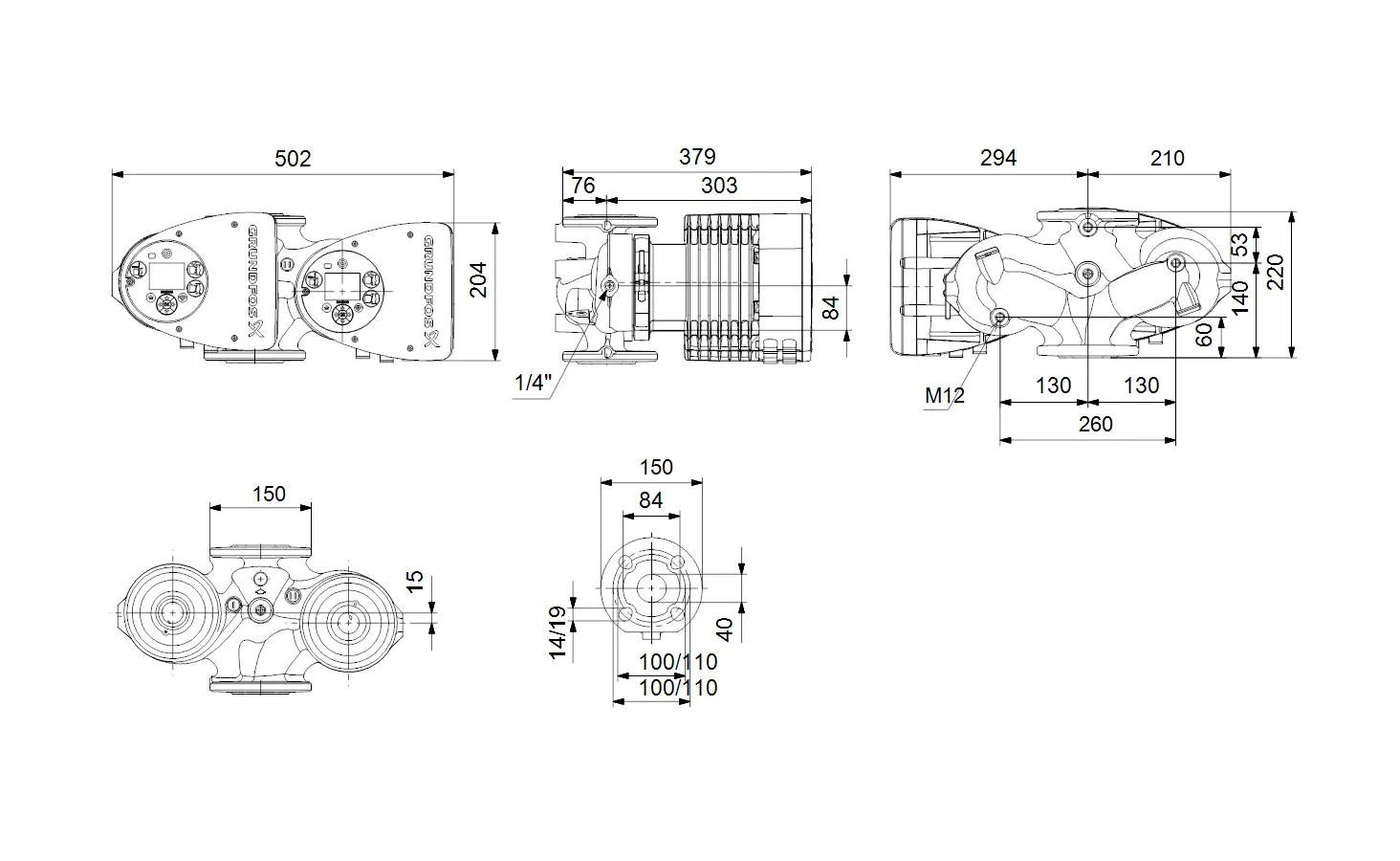 Umwälzpumpe von Grundfos in technischem Design mit mehreren Ansichten und Maßangaben, darunter Frontansicht, Seitenansicht und Draufsicht.
