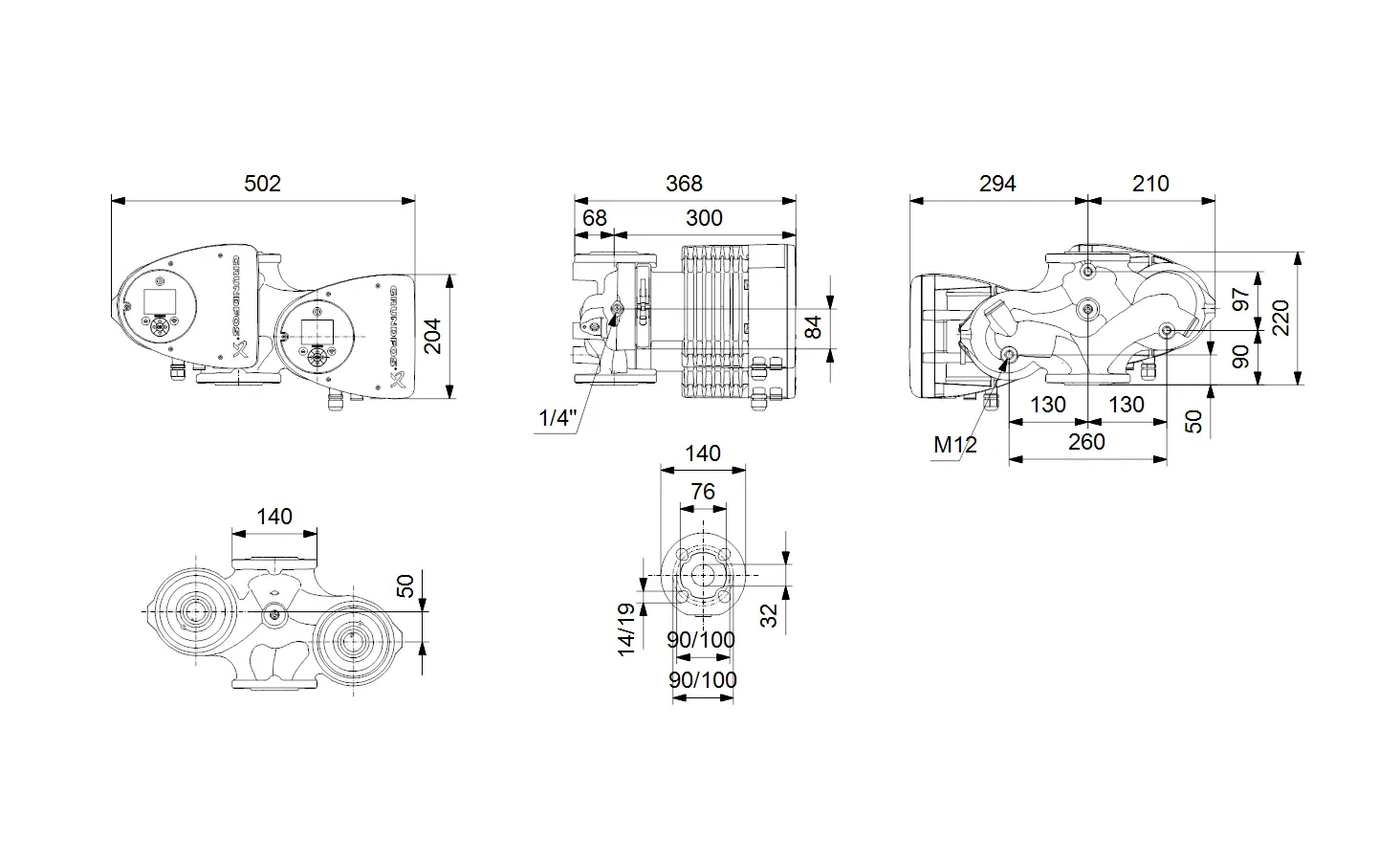 Umwälzpumpe von Grundfos in technischer Zeichnung, mit verschiedenen Ansichten und Maßangaben für Installationen. Maße und Details sind deutlich dargestellt.