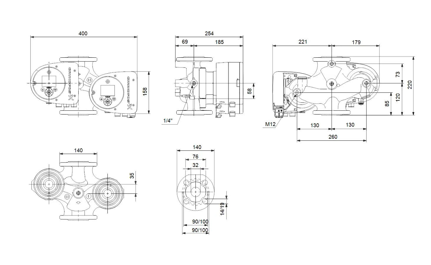 Grundfos Umwälzpumpe mit mehreren Ansichtsdiagrammen und Maßangaben, dargestellten Anschlussmöglichkeiten und technischen Details.