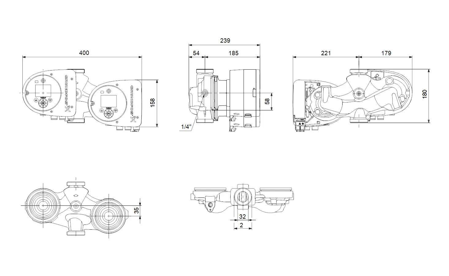 Grundfos Umwälzpumpe mit zwei Anschlussöffnungen, dargestellt in mehreren Ansichten. Maße, Montagepunkte und technische Details sind sichtbar.
