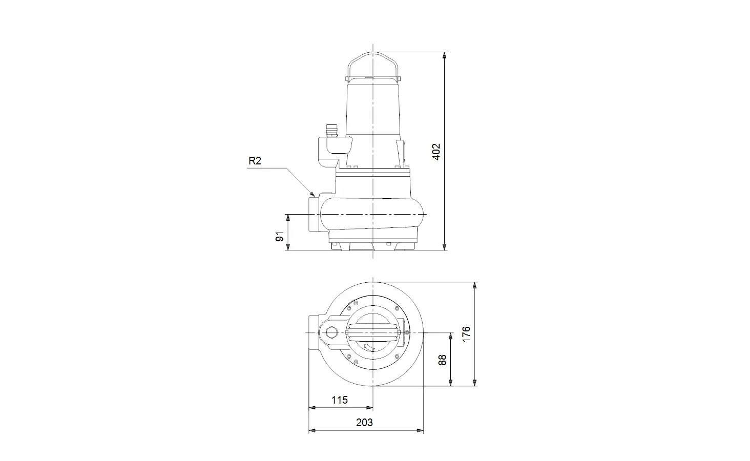Technische Zeichnung einer Tauchmotorpumpe von Grundfos mit seitlicher und oberer Ansicht, einschließlich Maßangaben für Installation und Montage.