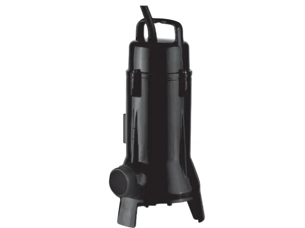 Schwarze Tauchmotorpumpe von Grundfos mit einem stabilen Gehäuse und einem Griff zur einfacheren Handhabung. Die Pumpe hat einen Anschluss für den Schlauch.