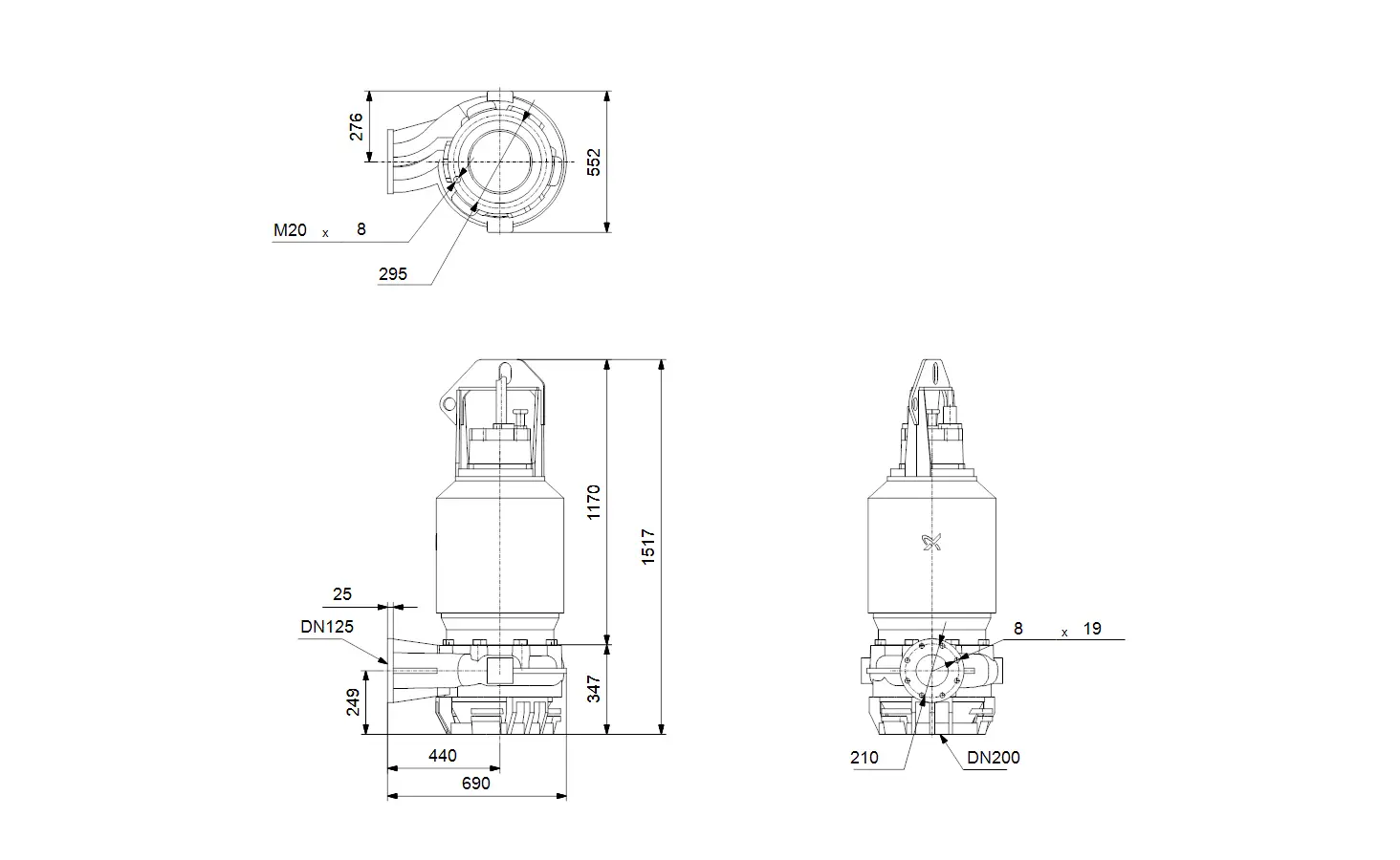 Tauchmotorpumpe von Grundfos mit mehreren Ansichten und Maßangaben, einschließlich Befestigungspunkten und Anschlussgrößen.