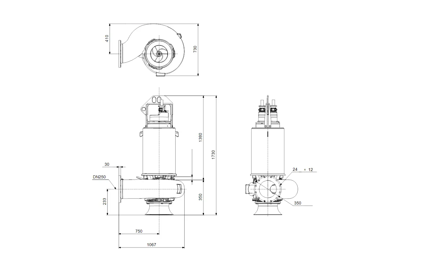 Schematische Darstellung einer Tauchmotorpumpe von Grundfos mit verschiedenen Ansichten und technischen Maßen für die Installation und Nutzung.
