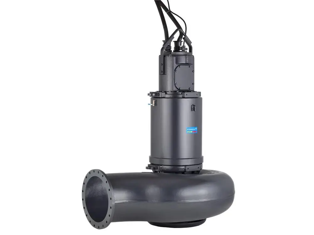 Tauchmotorpumpe von Grundfos, ausgestattet mit einer horizontalen Rohrleitung und einer elektrischen Einheit zur Wasserförderung.