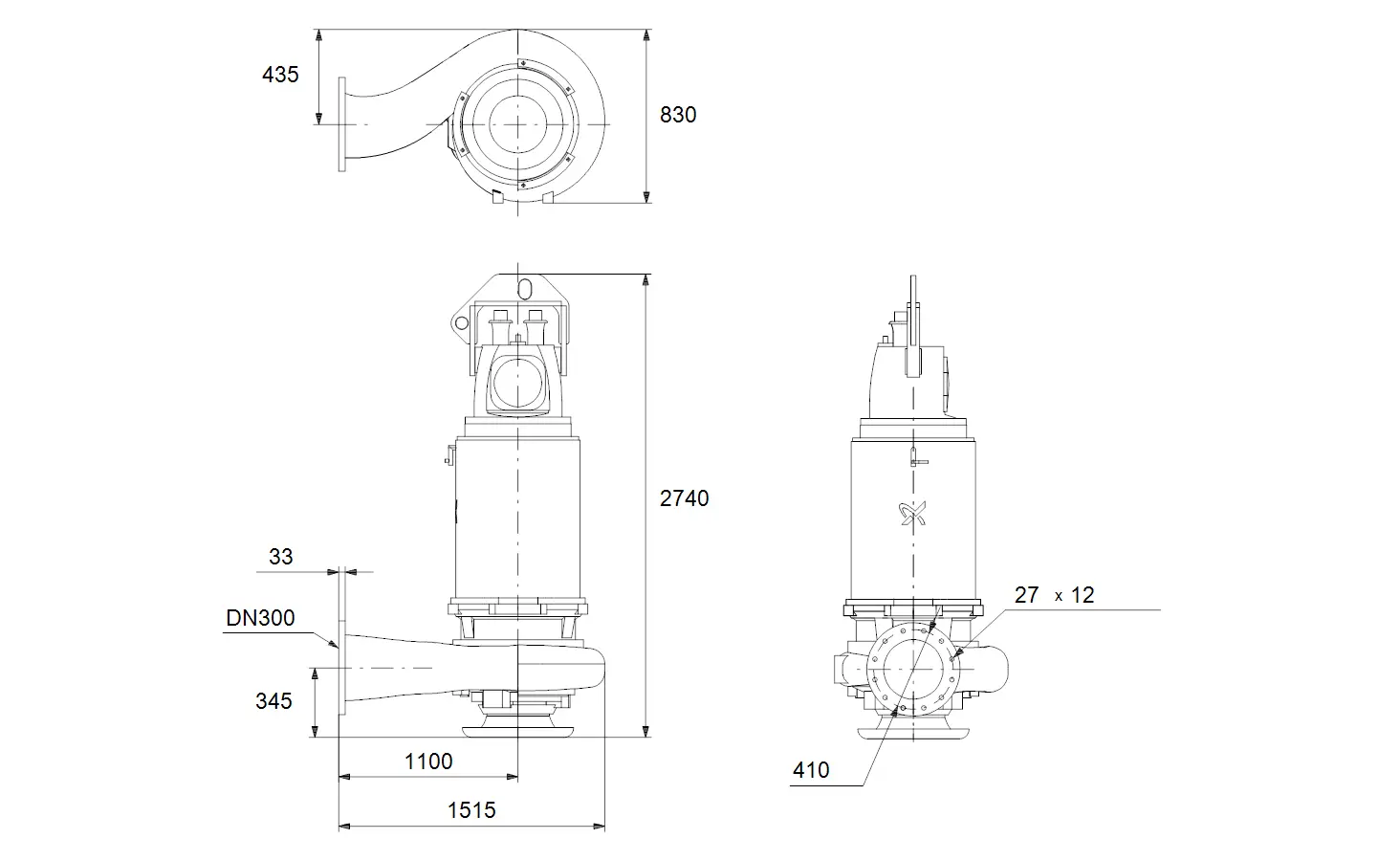 Zeichnung einer Tauchmotorpumpe von Grundfos mit technischen Abmessungen und Anschlussdetails. Übersichtliche Darstellung der Bauform und Dimensionen.