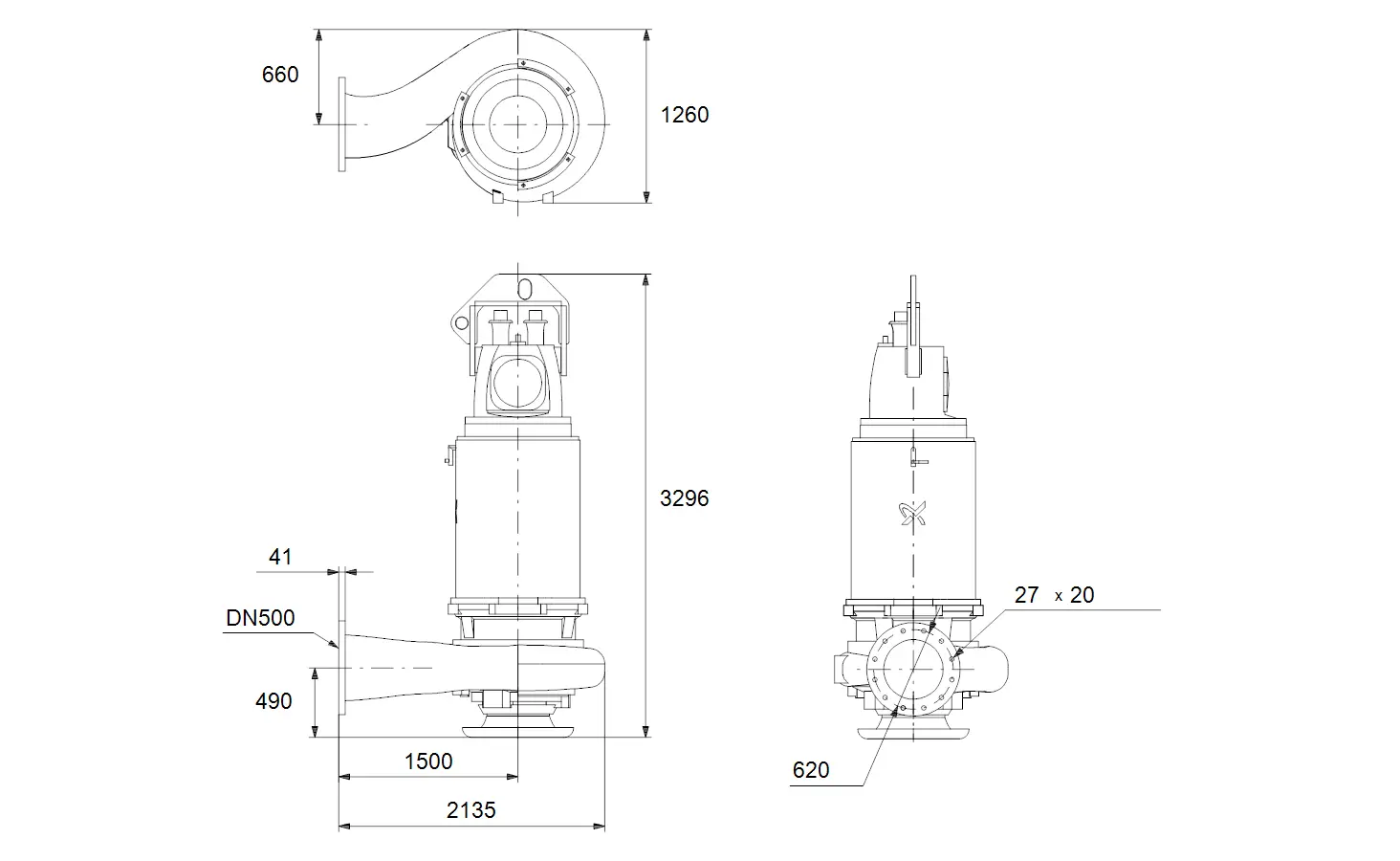 Schematische Zeichnung einer Tauchmotorpumpe von Grundfos, dargestellt in mehreren Ansichten mit Maßen und Anschlussdetails.