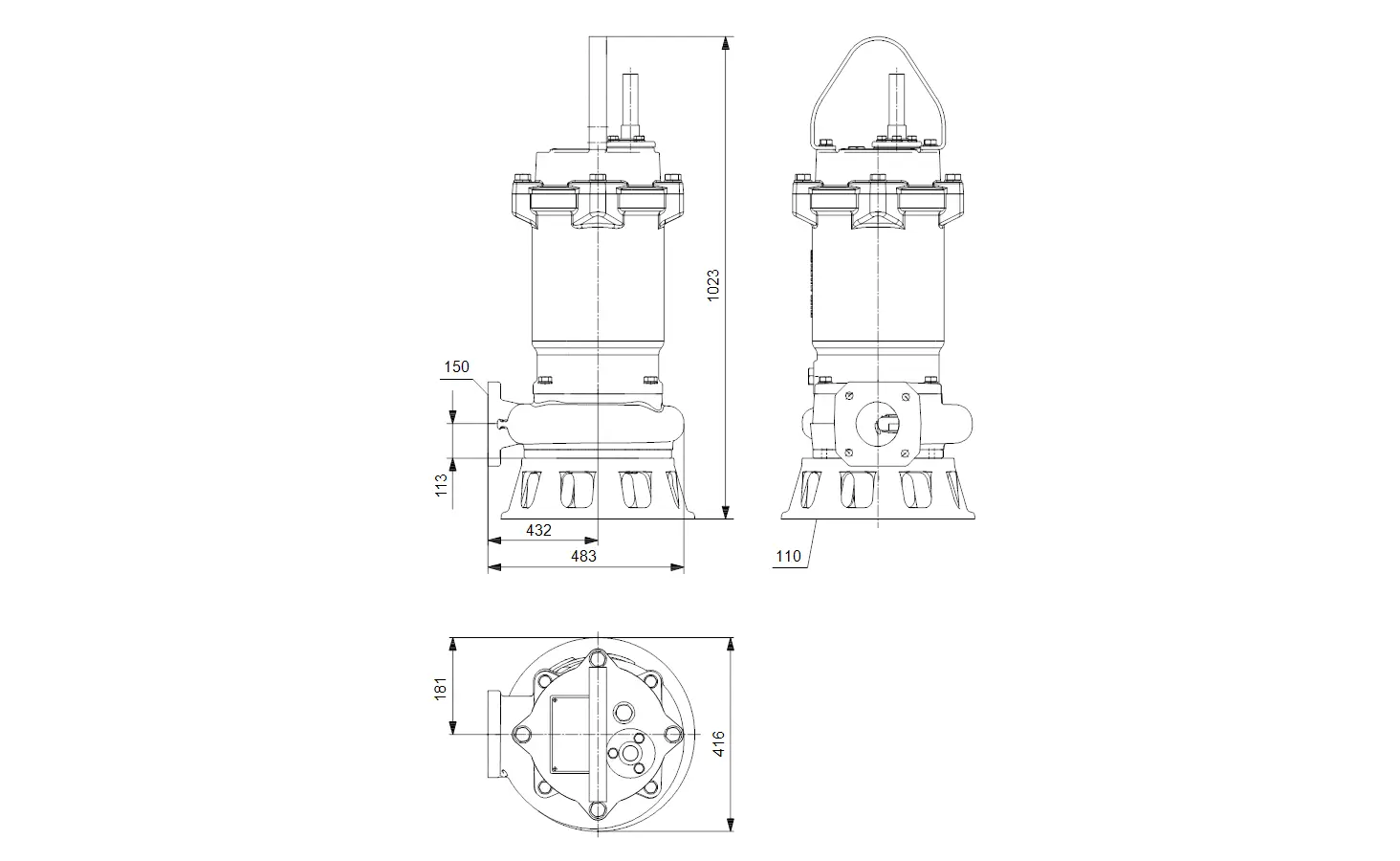 Grundfos Tauchmotorpumpe mit vertikalem Aufbau, seitlichem Anschluss und mehrere Anbringungsöffnungen. Technische Zeichnung mit Maße und Details.