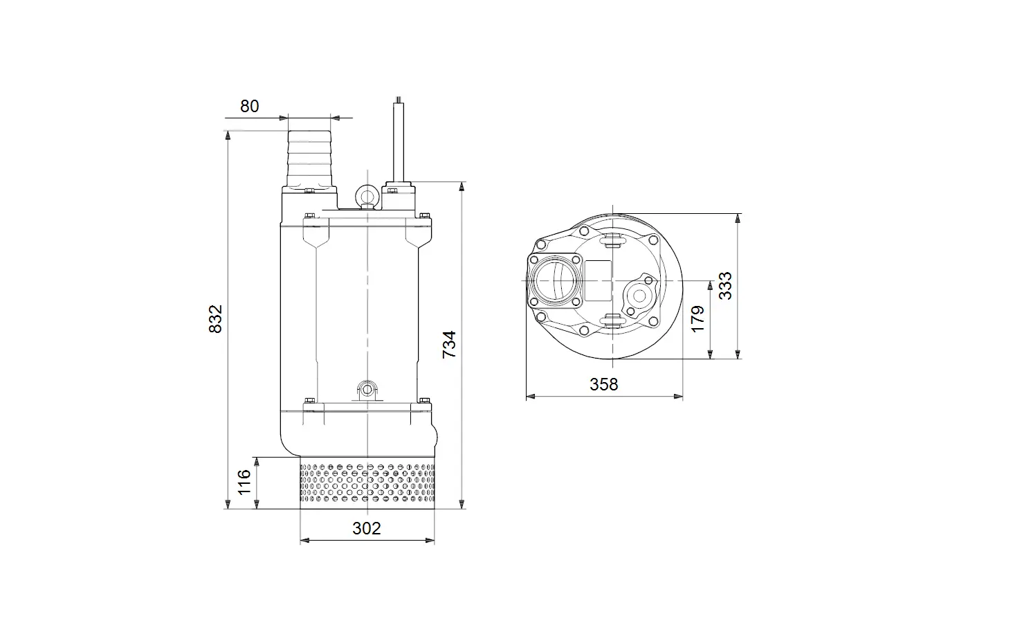 Vertikale Tauchmotorpumpe von Grundfos mit klaren Abmessungen im technischen Diagramm. Seitliche und obere Ansichten mit Maßangaben sichtbar.