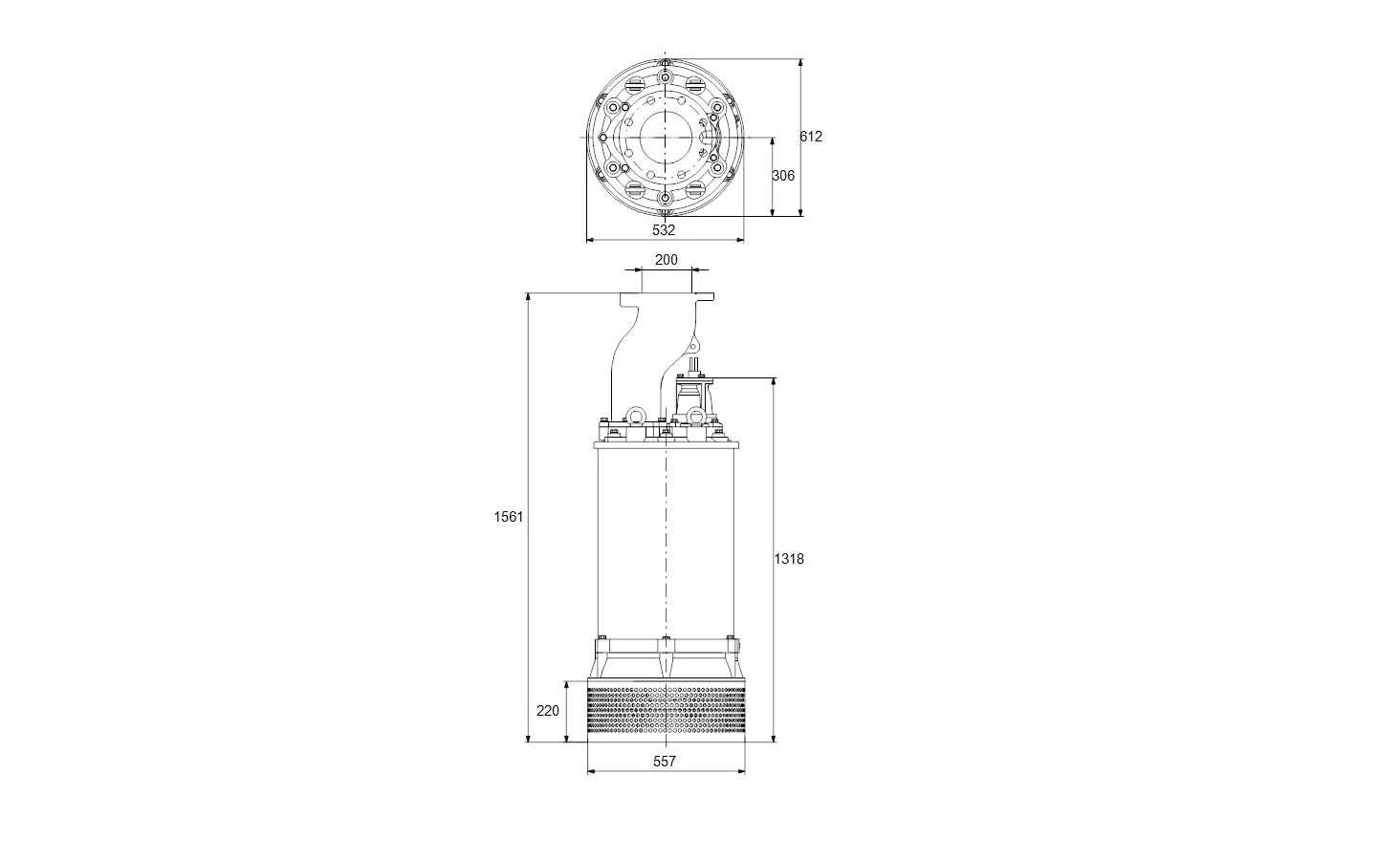 Tauchmotorpumpe von Grundfos, senkrechte Bauform mit verschiedenen Anschlussmöglichkeiten und markierten Maßen auf technischem Zeichnungsformat.