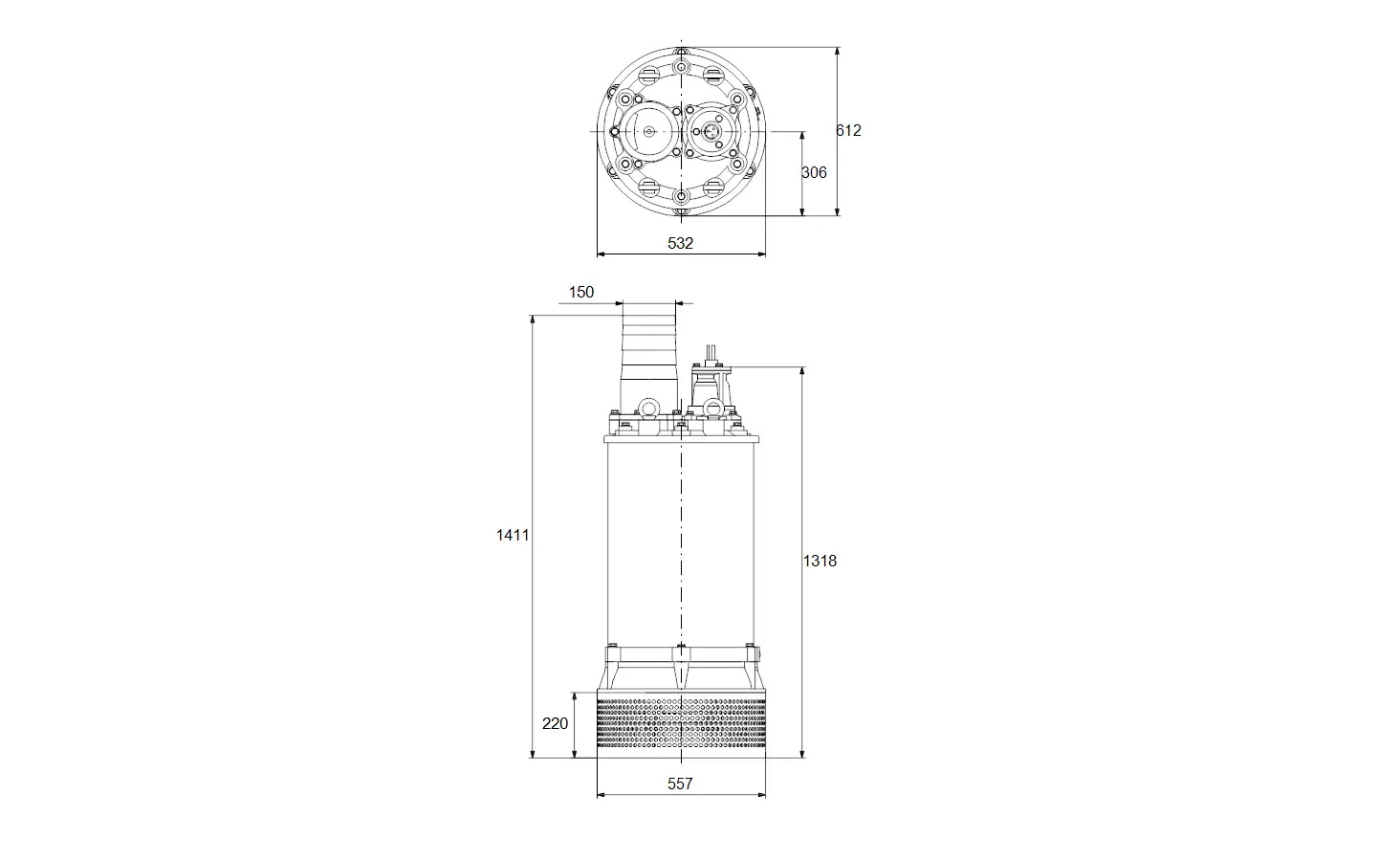 Zeichnung einer Tauchmotorpumpe von Grundfos mit seitlicher und oberer Ansicht. Maße und Anschlussdetails sind abgebildet.