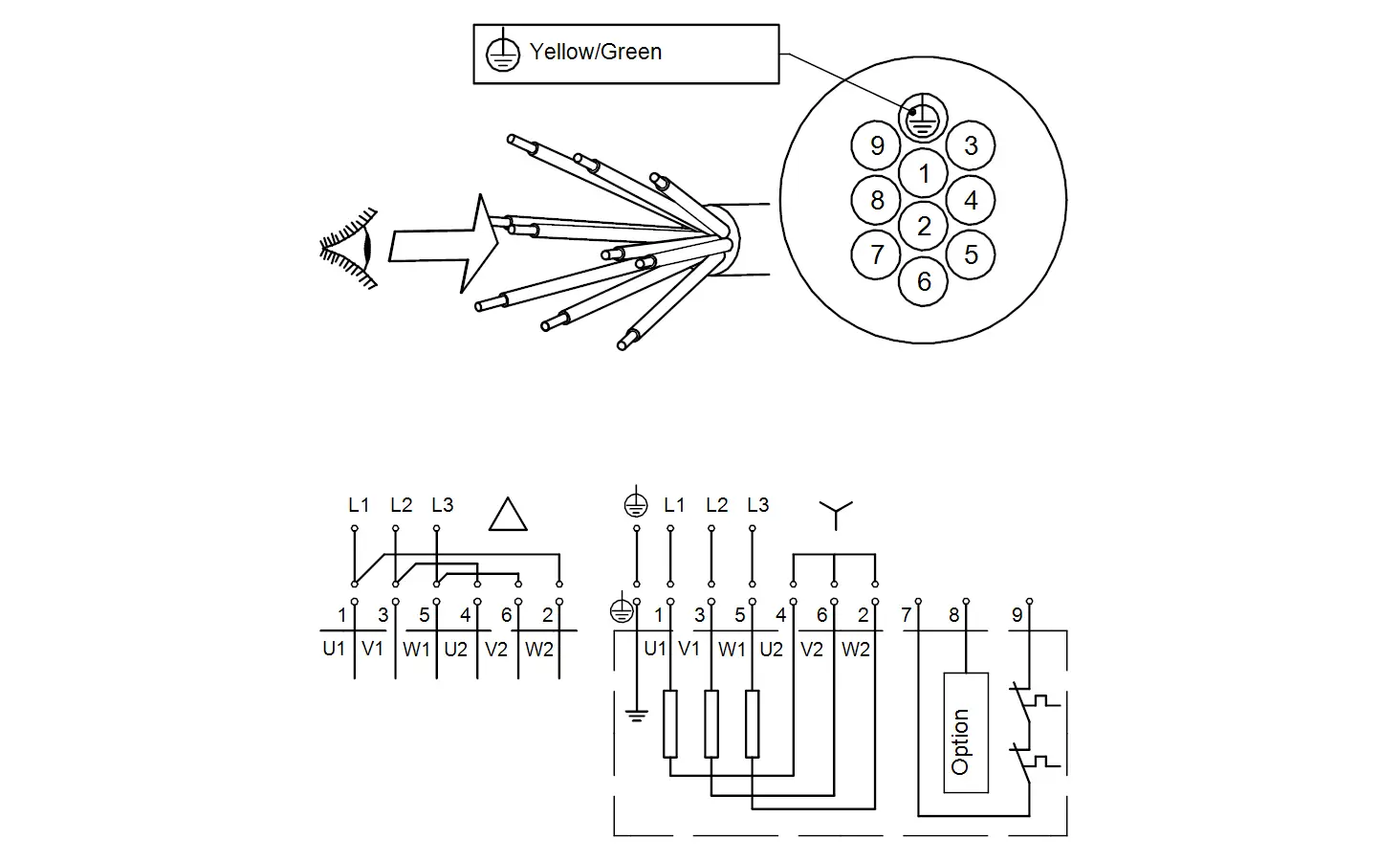 Schaltplan einer Tauchmotorpumpe von Grundfos, inkl. Anschlussbelegung, Leitungen und Verknüpfungen. Schematische Darstellung zur elektrischen Verbindung.
