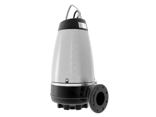 Tauchmotorpumpe von Grundfos mit einem eleganten, silbernen Gehäuse und schwarzem Boden. Geeignet für Unterwasseranwendungen mit Anschluss für Rohrleitungen.