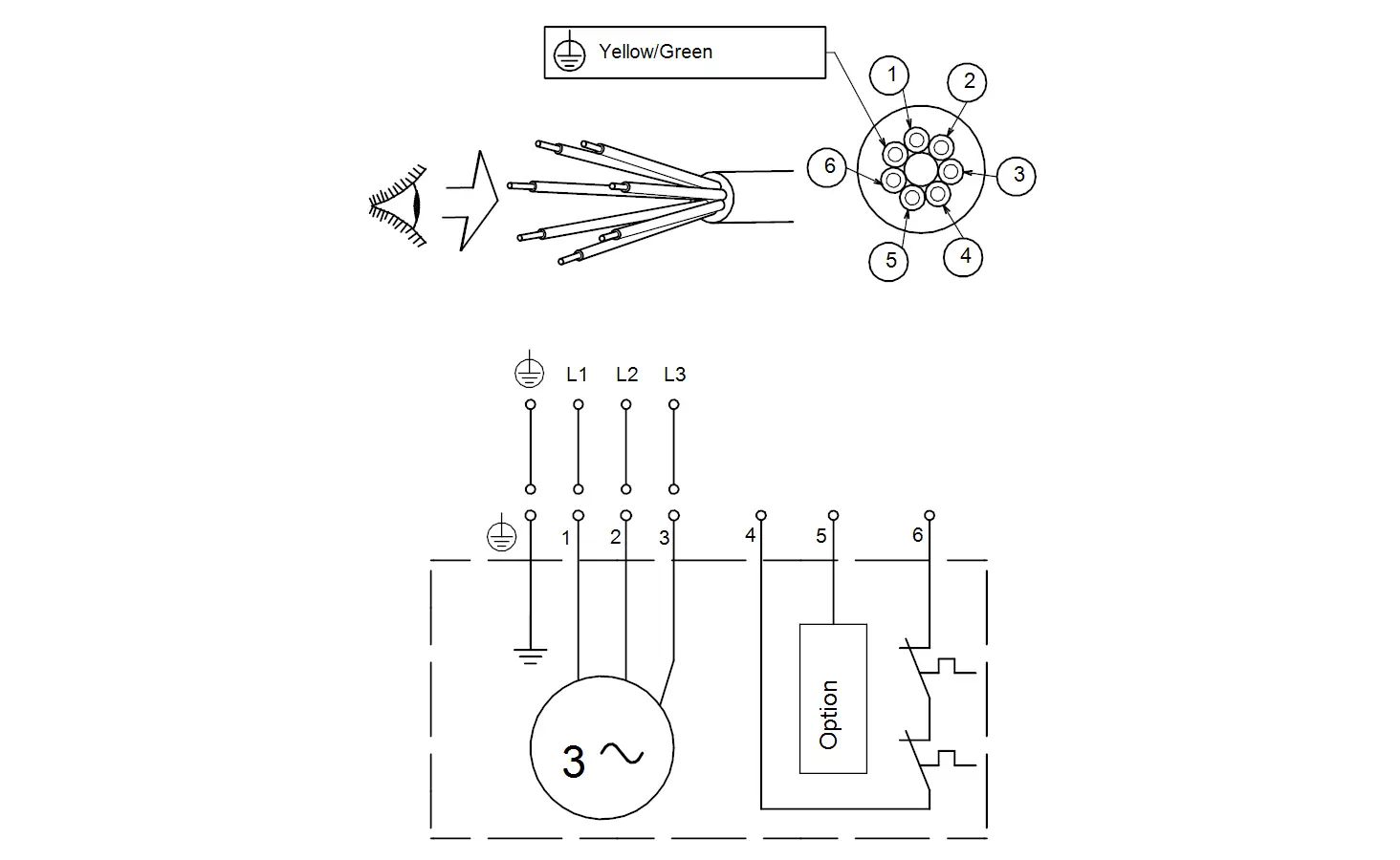 Schematische Darstellung einer Tauchmotorpumpe mit elektrischen Anschlüssen und Kabeln. Marke: Grundfos. Diagramm zeigt verbindende Elemente und Optionen.