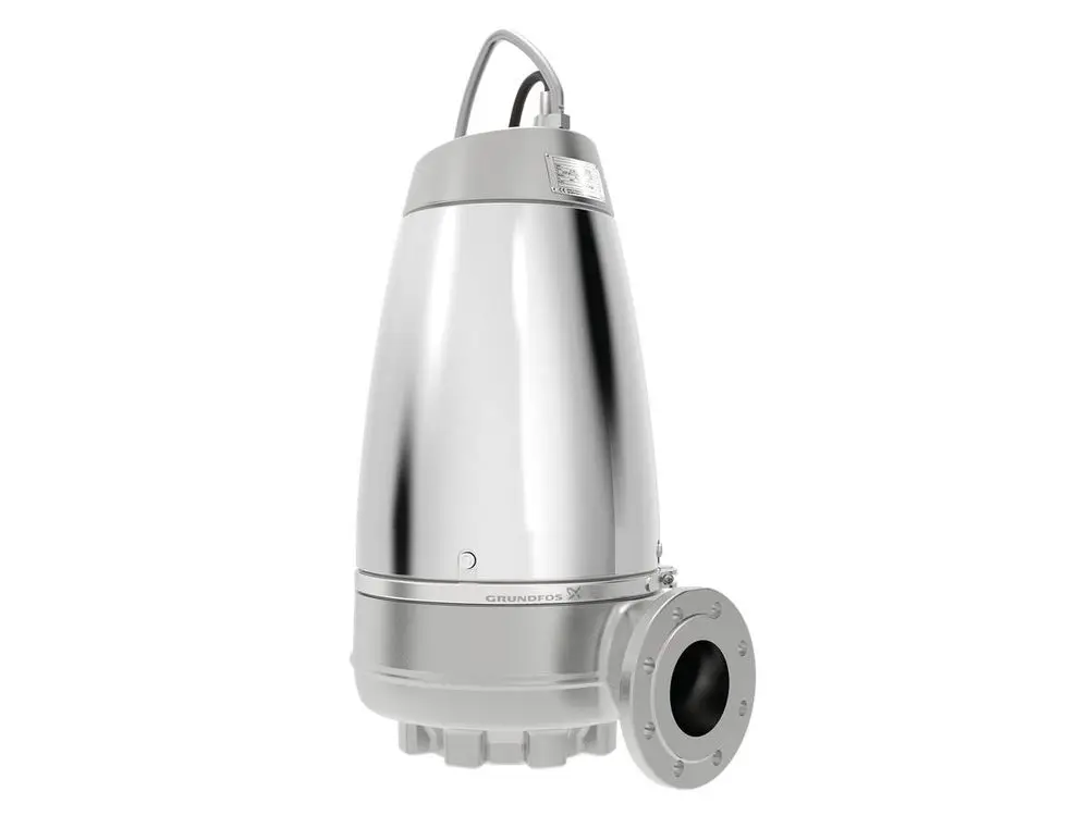 Tauchmotorpumpe mit roter und silberner Gehäusefarbe von Grundfos, mit einem Anschlussflansch und einem integrierten Stromkabel für die Anwendung in Abwasser.