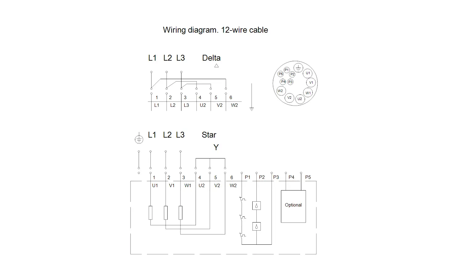 Wiring-Diagramm für eine 12-Draht-Kabelverbindung in Delta- und Sternkonfiguration, dargestellt mit Symbolen für Grundfos-Pumpenanschlüsse.