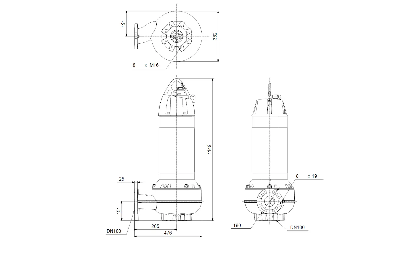 Grundfos Tauchmotorpumpe mit gerader Bauform, ausgestattet mit einer Saugleitung und verschiedenen Anschlüssen, farblich in Blau und Grau, abgebildet in technischen Zeichnungen.