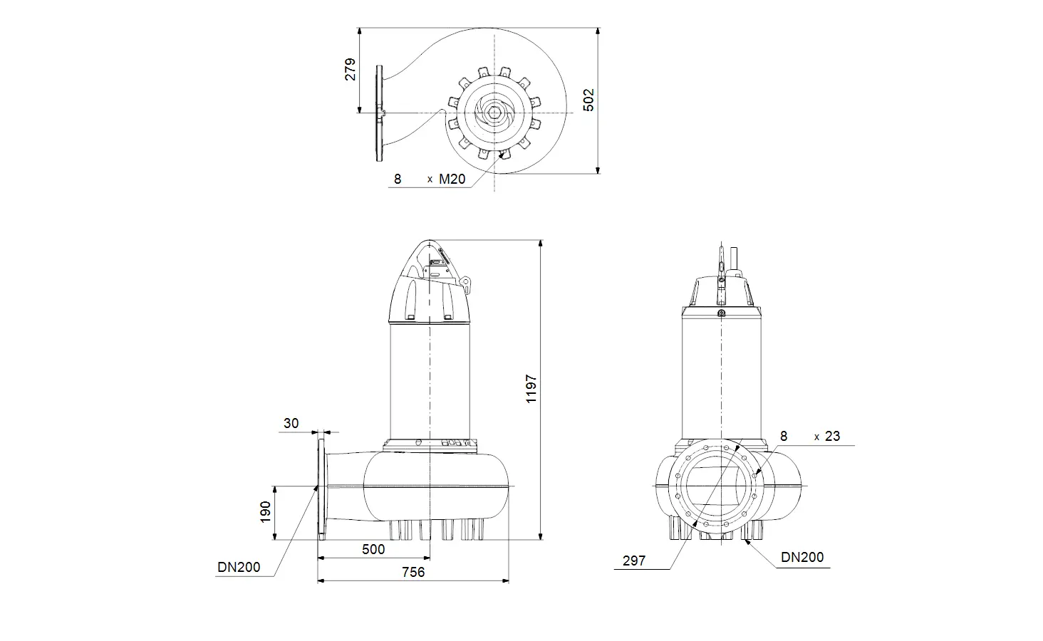 Technische Zeichnung einer Tauchmotorpumpe von Grundfos mit Front-, Seiten- und Obenansicht, Maßangaben und Anschlussdetails.