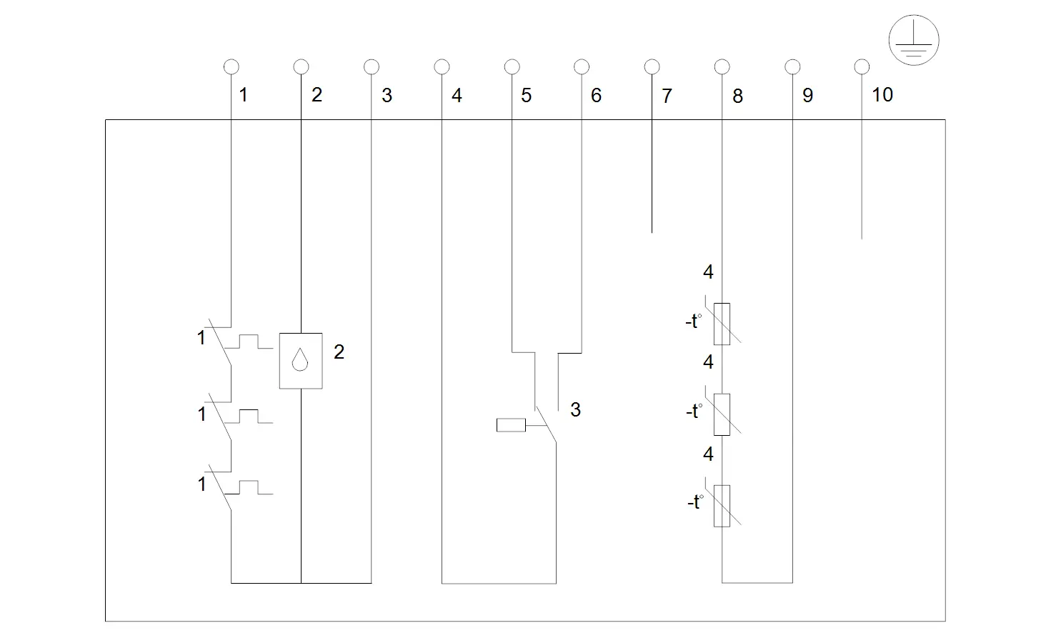 Schemazeichnung einer Tauchmotorpumpe von Grundfos mit Anschlüssen, Schaltern und einem Sensor. Elektrische Komponenten sind eindeutig angeordnet und beschriftet.