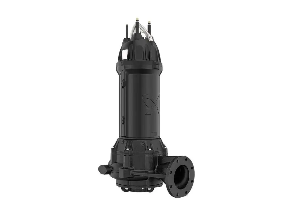 Schwarze Tauchmotorpumpe von Grundfos mit einem zylindrischen Gehäuse und einem Flanschanschluss an der Basis. Entwurf für unter Wasserbetrieb.