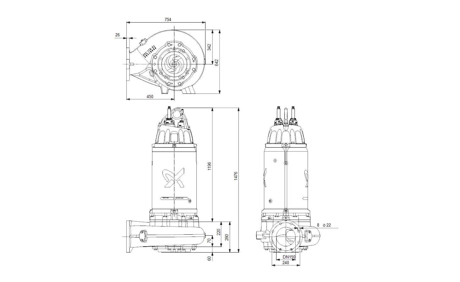 Tauchmotorpumpe von Grundfos, technische Zeichnung mit Dimensionen, Darstellung von Seitenansicht und Draufsicht, Details zu Anschluss und Motorposition.