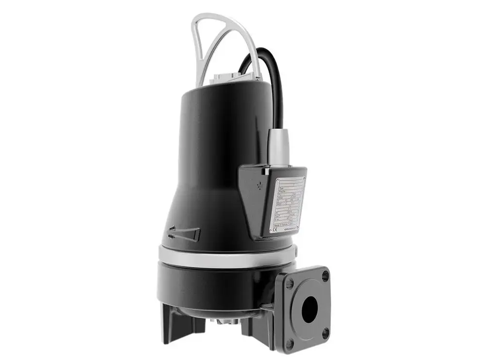 Schwarze Tauchmotorpumpe mit seitlichem Anschluss und Kabel, hergestellt von Grundfos. Das Design zeigt Schnittelemente am unteren Ende des Gehäuses.
