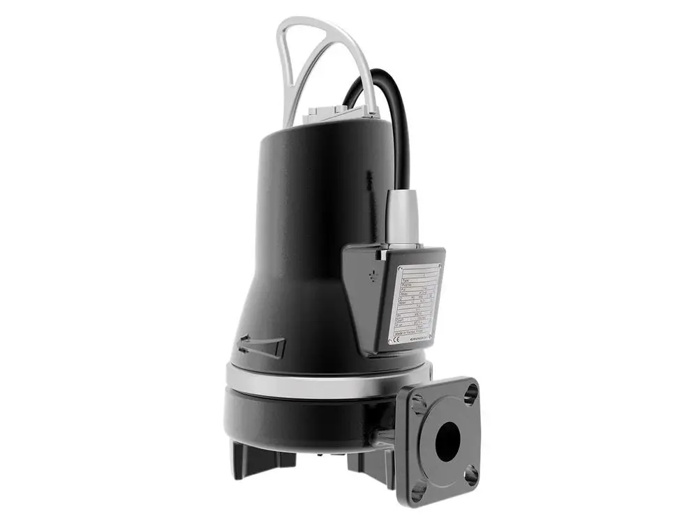 Tauchmotorpumpe von Grundfos mit einem kompakten Design und seitlichem Anschluss. Ideal für Abwasseranwendungen mit integriertem Schneidrad.