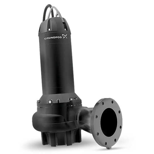 Grundfos Tauchmotorpumpe in schwarzer Ausführung, mit einem robusten Gehäuse und einer Anschlussmöglichkeit für Rohrleitungen an der Vorderseite.