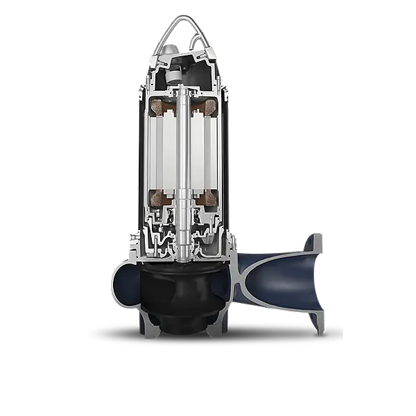 Zerteilte Ansicht einer Tauchmotorpumpe von Grundfos, die innere Komponenten wie Rotor und Stator zeigt. Das Design ermöglicht effiziente Wasserförderung.