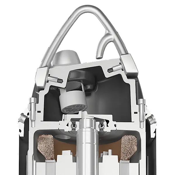 Schnittansicht einer Grundfos Tauchmotorpumpe mit metallischem Gehäuse, sichtbar sind internes Pumpenlayout und verschiedene Komponenten wie Motor und Filter.
