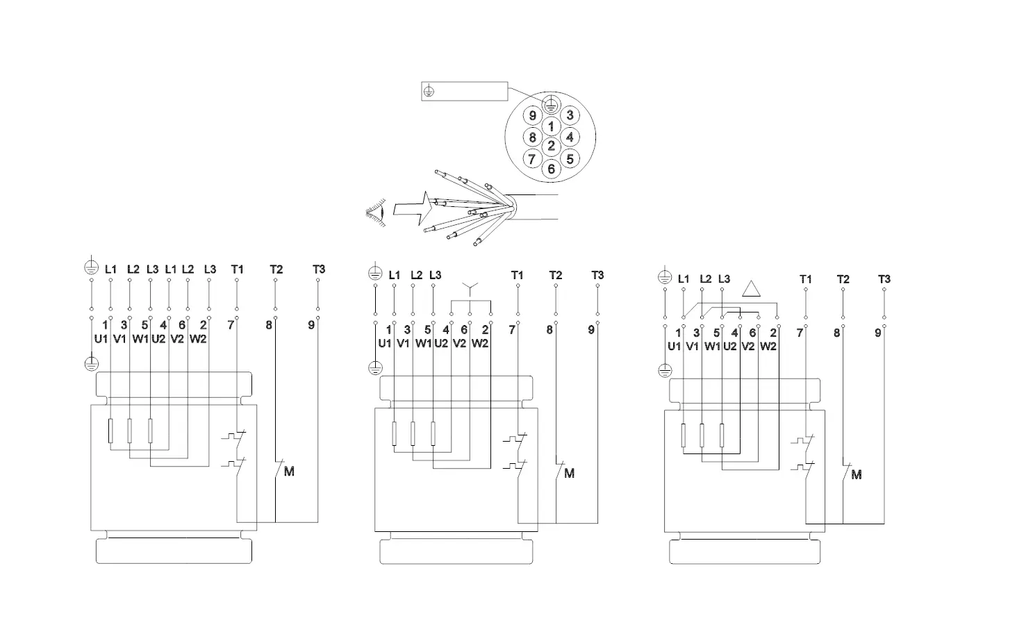 Schaltplan einer Tauchmotorpumpe von Grundfos, mit Anschlussdiagramm für Motor und Steuerung. Abbildung enthält Maschinenkomponenten und elektrische Anschlüsse.