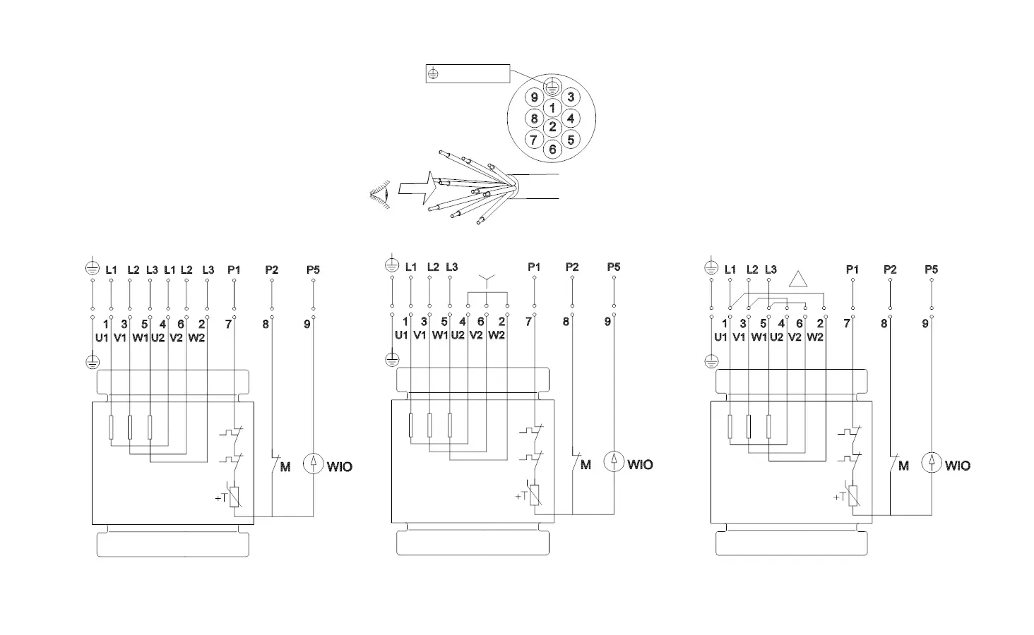 Schaltplan für eine Tauchmotorpumpe von Grundfos, dargestellt in drei Varianten, mit Anschlusspunkten, Motor und Steuerungselementen.