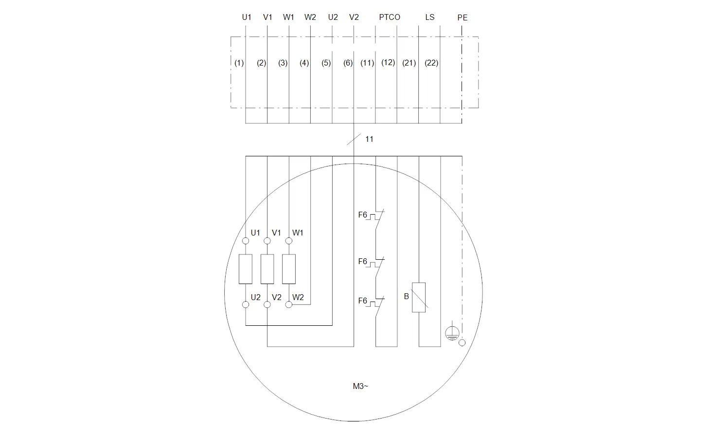 Technisches Schaltbild eines Strömungsbeschleunigers von Grundfos mit verschiedenen Komponenten wie Pumpen, Schaltern und Sicherungen, schematisch angeordnet.