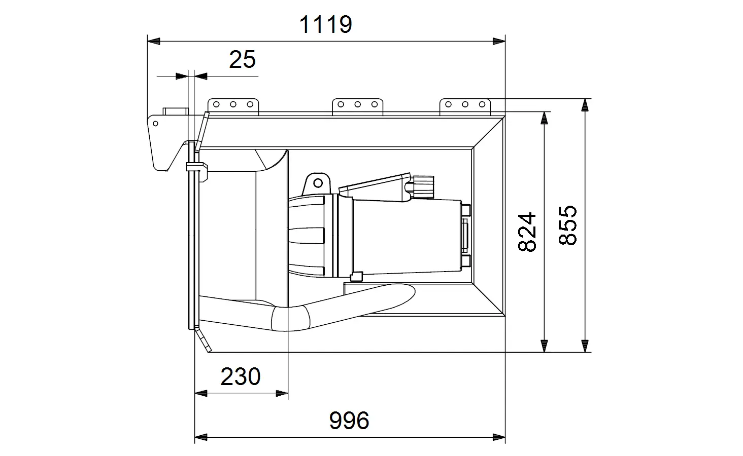 Strömungsbeschleuniger von Grundfos, schematische Darstellung mit Abmessungen und Anordnung der Komponenten. Technische Zeichnung in schwarz-weiß.
