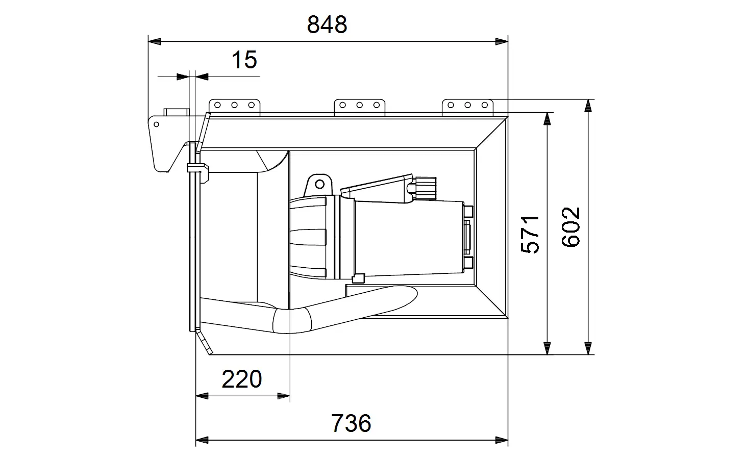 Strömungsbeschleuniger von Grundfos mit einem kompakten Design, Seitenansicht mit klaren Abmessungen und technischen Komponenten.