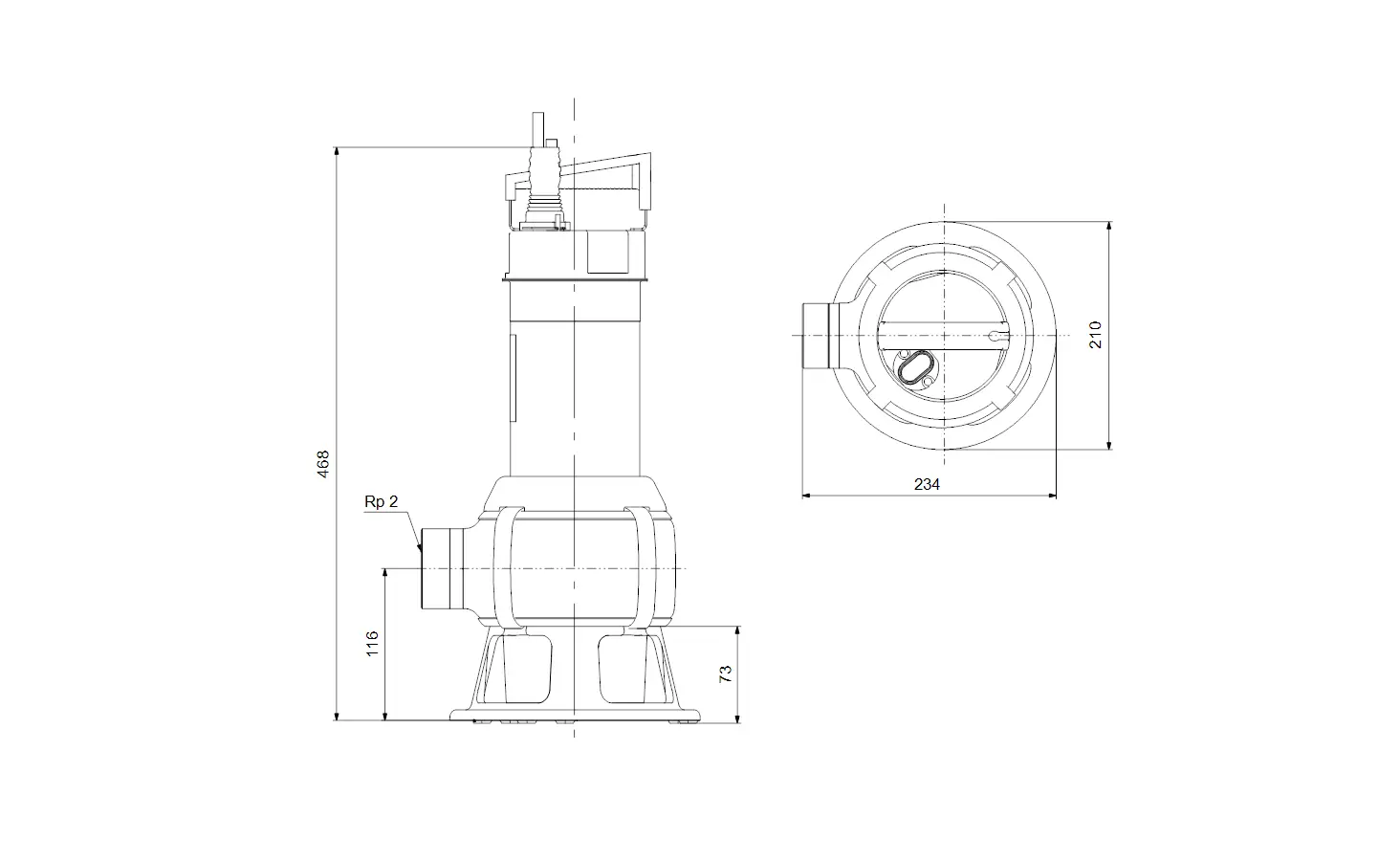 Schematische Darstellung einer Tauchmotorpumpe von Grundfos mit sichtbaren Anschlussmaßen und Stutzen für die Schmutzwasserentsorgung.